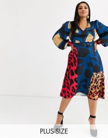 Liquorish Plus satin midi dress with pleat detail in multi abstract animal print   ASOS at Asos